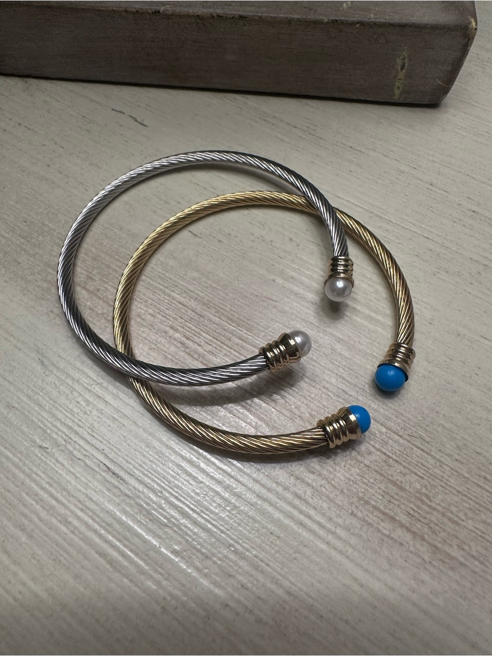 2 Stainless Steel Natural Stone Open Cuff Bangle Bracelets - Silver & Gold Tone
